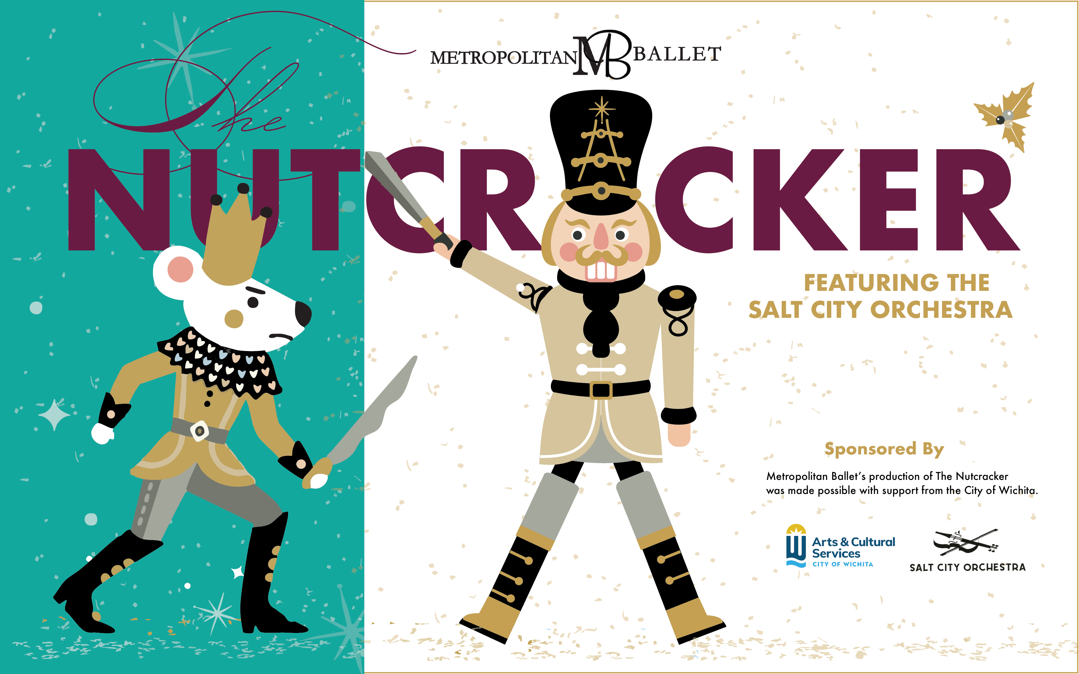 Promotional graphic for Metropolitan Ballet's The Nutcracker featuring a toy soldier and crowned mouse character, with live music by the Salt City Orchestra.