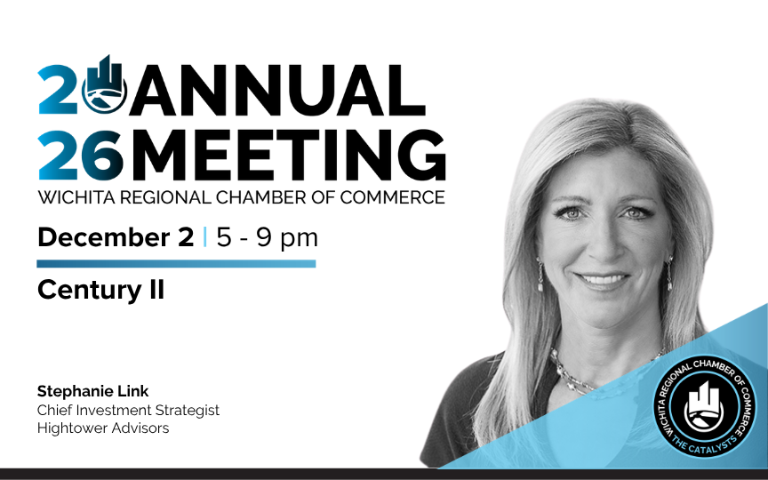 Promotional graphic for the 2026 Wichita Regional Chamber of Commerce Annual Meeting, featuring speaker Stephanie Link and event details.