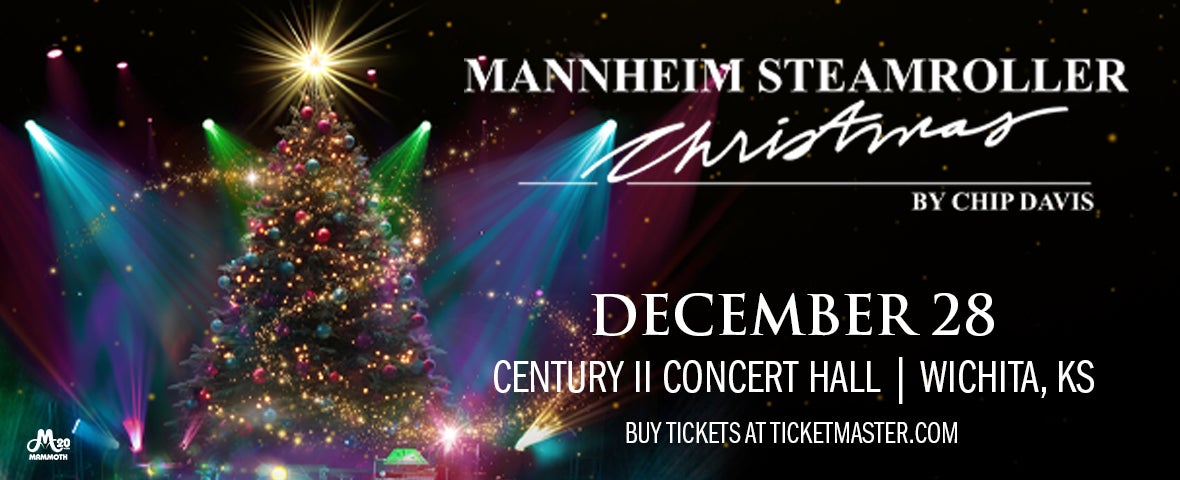 A festive concert poster featuring a brightly lit Christmas tree with colorful stage lights. Text: "Mannheim Steamroller Christmas," performing December 28 at Century II Concert Hall in Wichita, KS.