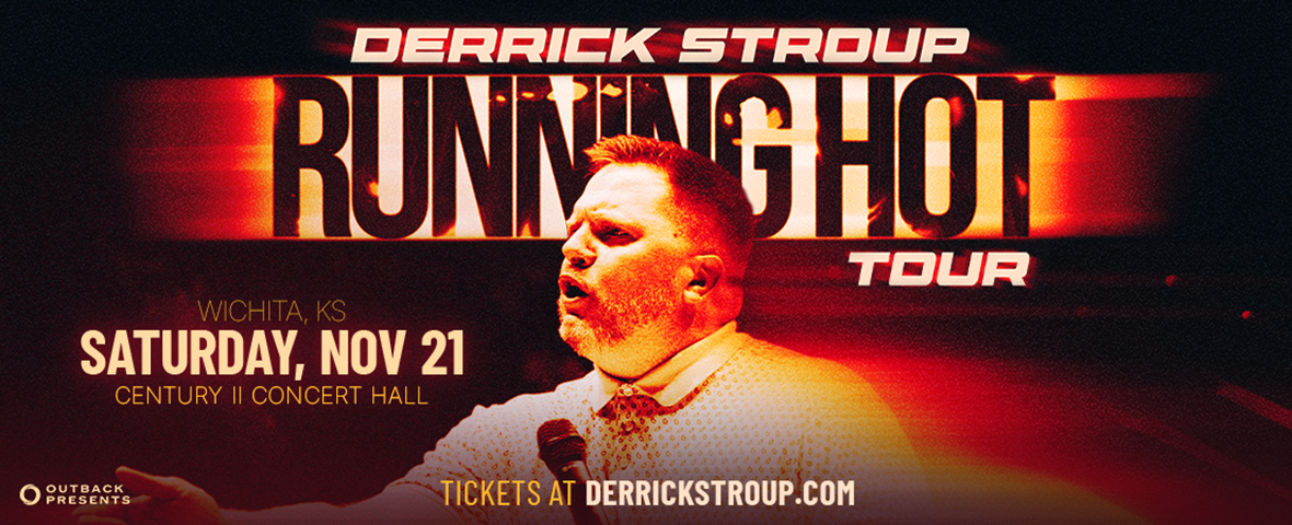 A promotional image for the "Running Hot Tour" featuring Derrick Stroup. He is energetically speaking into a microphone. Event details are bold and bright