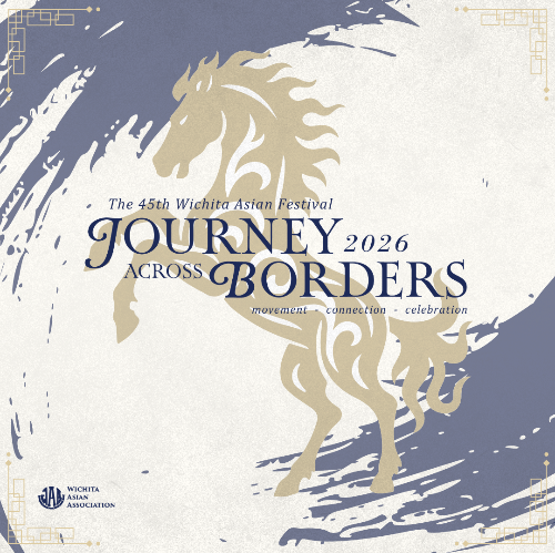 Stylized poster for the 45th Wichita Asian Festival 2026 featuring a dynamic, abstract horse and brushstroke design. Text: "The 45th Wichita Asian Festival Journey Across Borders 2026"
