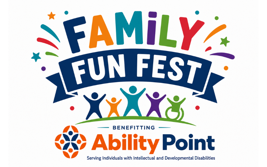 Promotional graphic for Family Fun Fest benefiting AbilityPoint. The words "Family Fun Fest" appear in large, colorful lettering with festive stars and confetti accents. Below the title, five stylized figures of varying sizes are shown celebrating together, including one represented with a wheelchair. The text "Benefitting AbilityPoint" appears beneath the figures alongside the AbilityPoint logo and the tagline, "Serving Individuals with Intellectual and Developmental Disabilities."