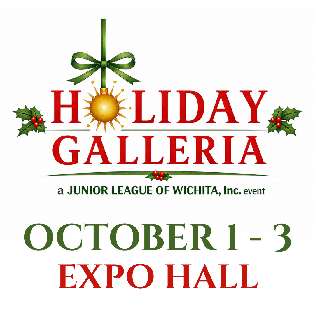  Holiday Galleria event logo featuring a holiday ornament, green ribbon, and holly accents with the text "Holiday Galleria, a Junior League of Wichita, Inc. event."