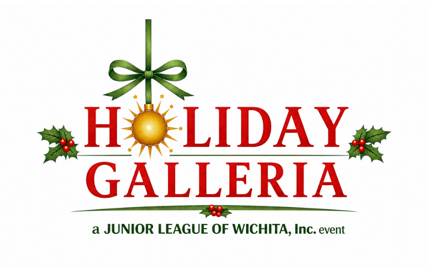 Holiday Galleria event logo featuring a holiday ornament, green ribbon, and holly accents with the text "Holiday Galleria, a Junior League of Wichita, Inc. event."