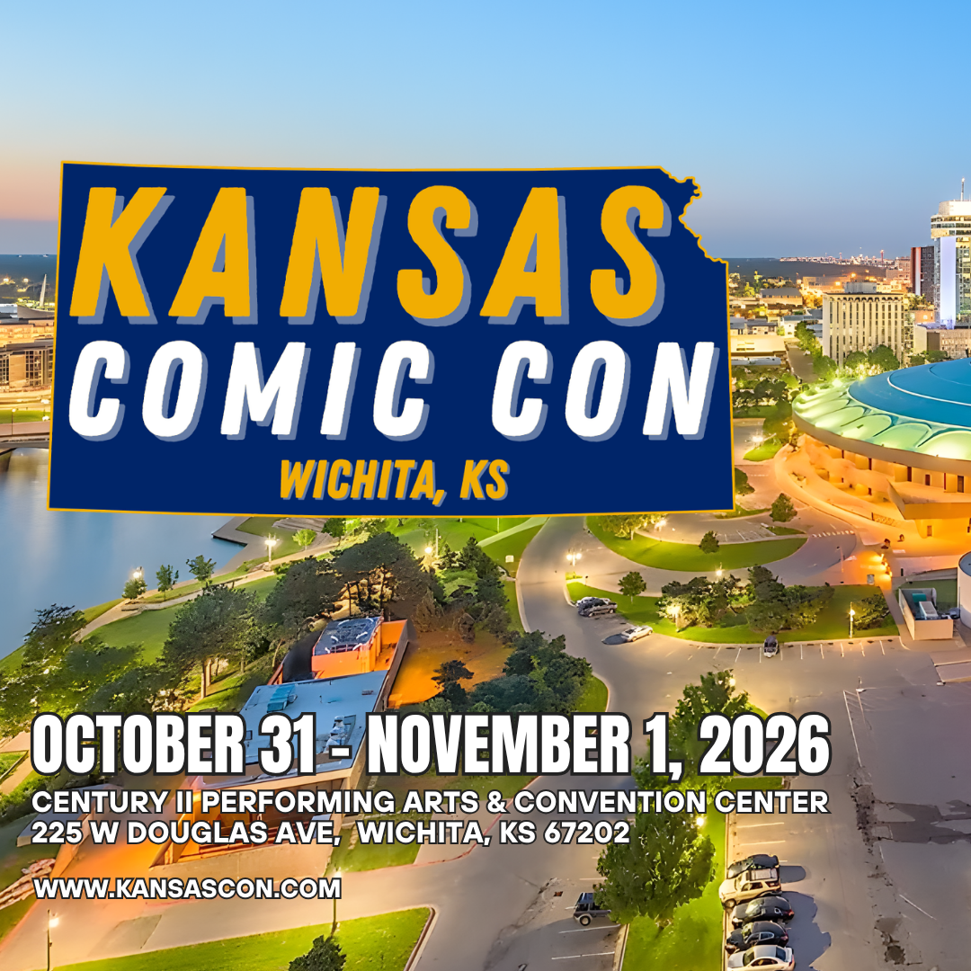 Kansas Comic Con promotional image for October 31-November 1, 2026, highlighting Wichita's skyline and Century II Performing Arts Center at dusk.