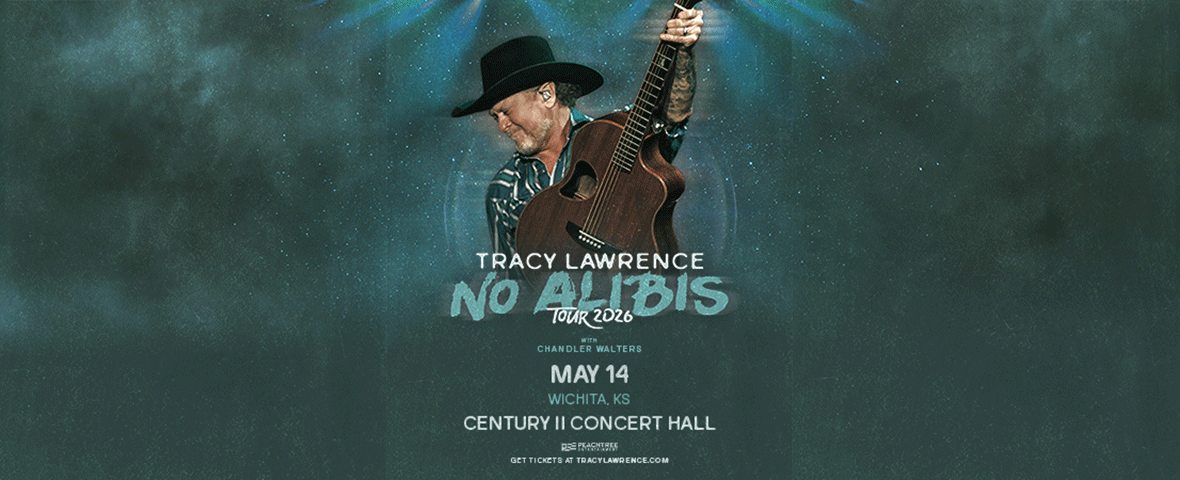 Tracy Lawrence in a cowboy hat holds a guitar against a moody, blue-green background. Text reads "Tracy Lawrence No Alibis Tour 2026, May 14, Wichita, KS, Century II Concert Hall.