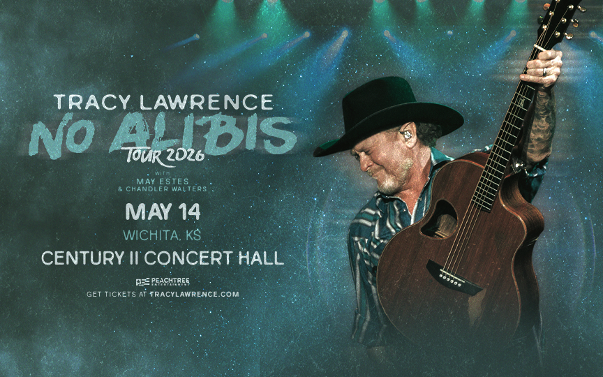 Tracy Lawrence in a cowboy hat holds a guitar against a moody, blue-green background. Text reads "Tracy Lawrence No Alibis Tour 2026, May 14, Wichita, KS, Century II Concert Hall.