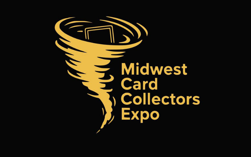 Golden tornado graphic with cards at the top, accompanied by the text "Midwest Card Collectors Expo" on a black background. 