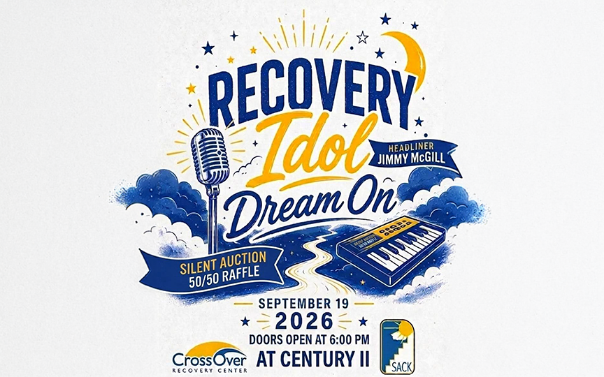 Vintage blue-and-gold Recovery Idol: Dream On fundraiser poster with microphone, piano, stars and moon; silent auction, raffle, Sept. 19, 2026.