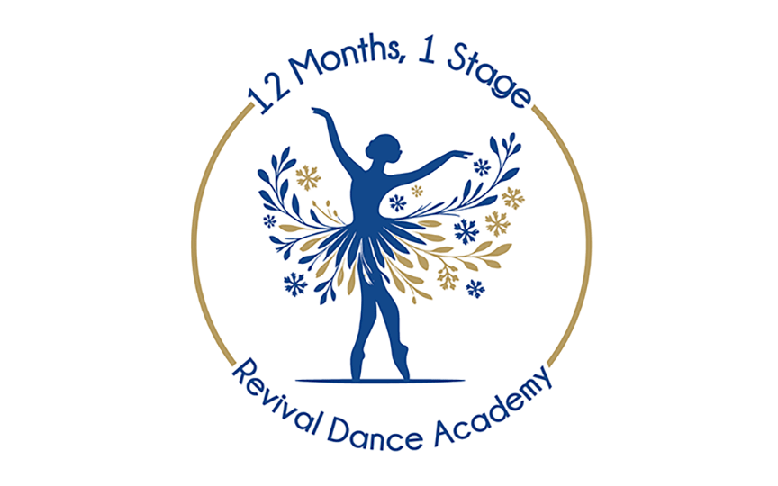 Silhouette of a dancer with floral patterns forming the dress, encircled by the words "12 Months, 1 Stage" and "Revival Dance Academy."