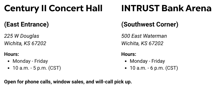 Infographic detailing the locations, addresses, and hours for the Select-A-Seat Box Offices.