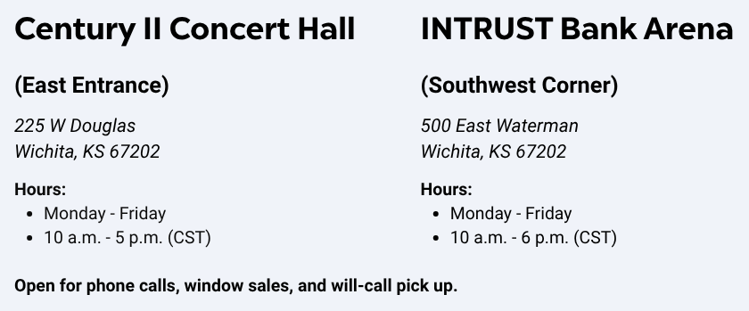 Infographic detailing the locations, addresses, and hours for the Select-A-Seat Box Offices.