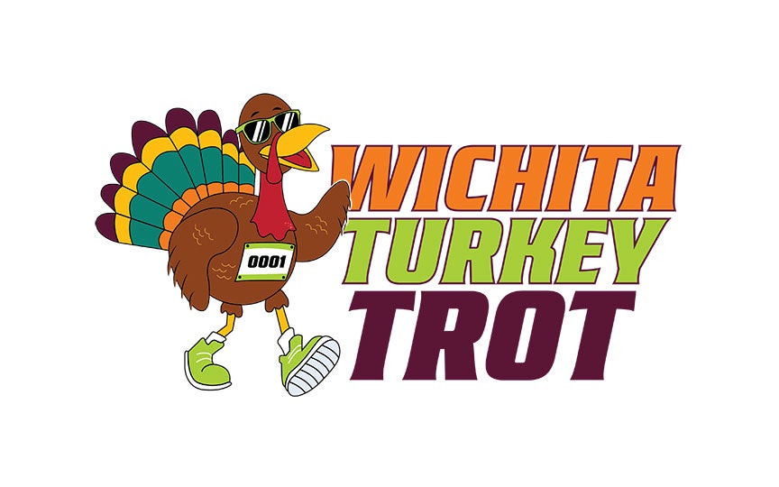 Cartoon turkey wearing sunglasses and green sneakers struts beside bold “Wichita Turkey Trot” text in a playful race logo.