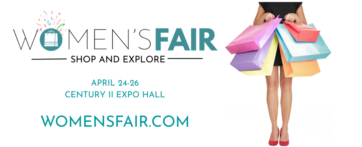 Woman holding colorful shopping bags in red heels. Text: 'Women's Fair, Shop and Explore, April 24-26, Century II Expo Hall, womensfair.com.